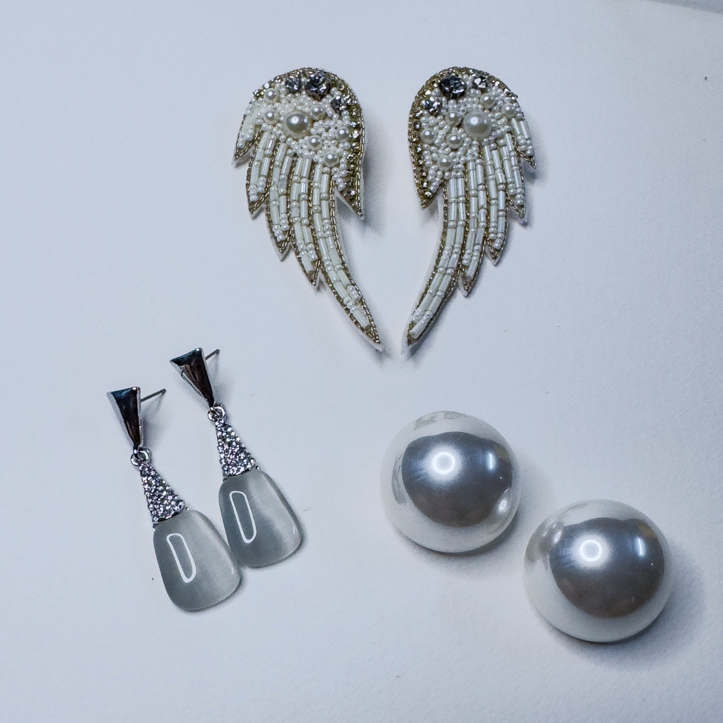 thereal White Earrings Trio - Handmade Angel Wing, Big Pearl Stud, White & Silver Dangle (Set of 3)
