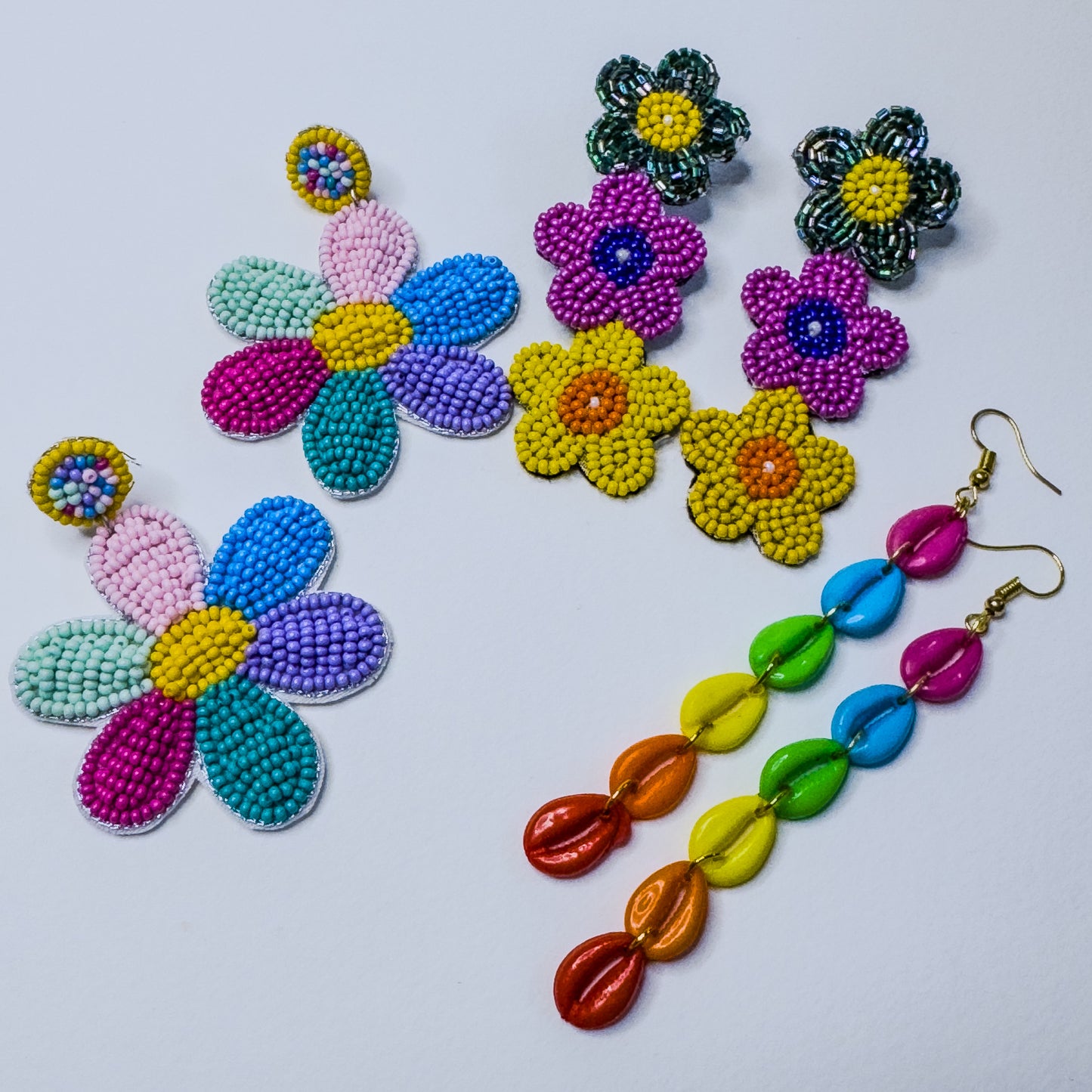 Vibrant Multicolored Beaded Earrings Set - Big Flower, Flower Dangle, Rainbow Sea Shell Dangle (Set of 3)