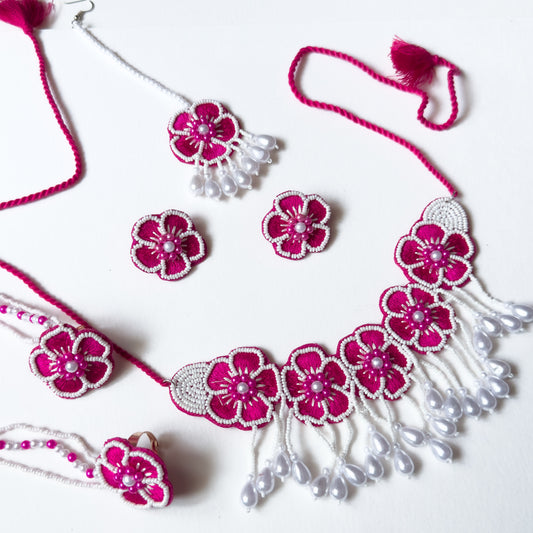 Exquisite Handmade Pink and White Flower Beaded Jewelry Set